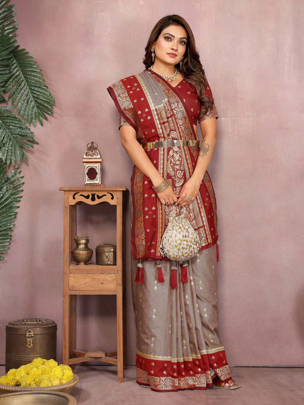 Aastha Fashion Grey Kalamkari Silk Zari Woven Saree | Grocsy