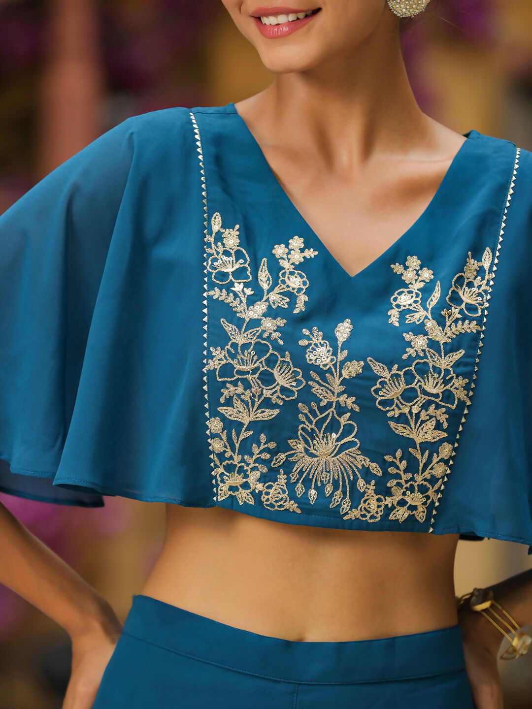 Janasya Teal Blue Georgette Yoke Embroidery Co-Ords | Grocsy