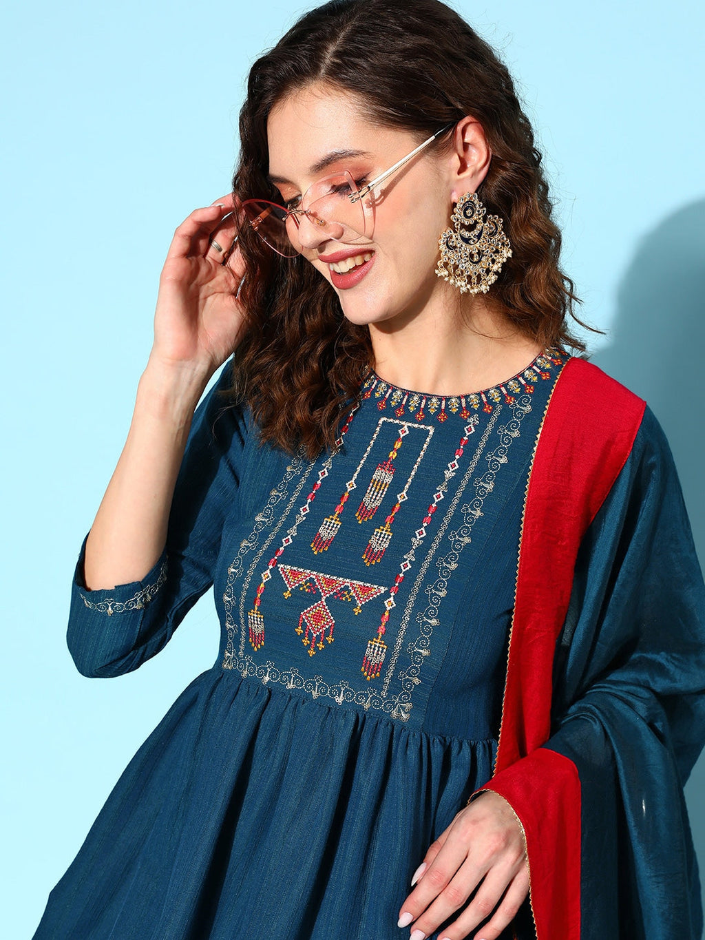 Sangria Ethnic Motifs Yoke Design Pleated Sequinned Kurta with Trousers & Dupatta | Grocsy