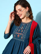 Sangria Ethnic Motifs Yoke Design Pleated Sequinned Kurta with Trousers & Dupatta | Grocsy