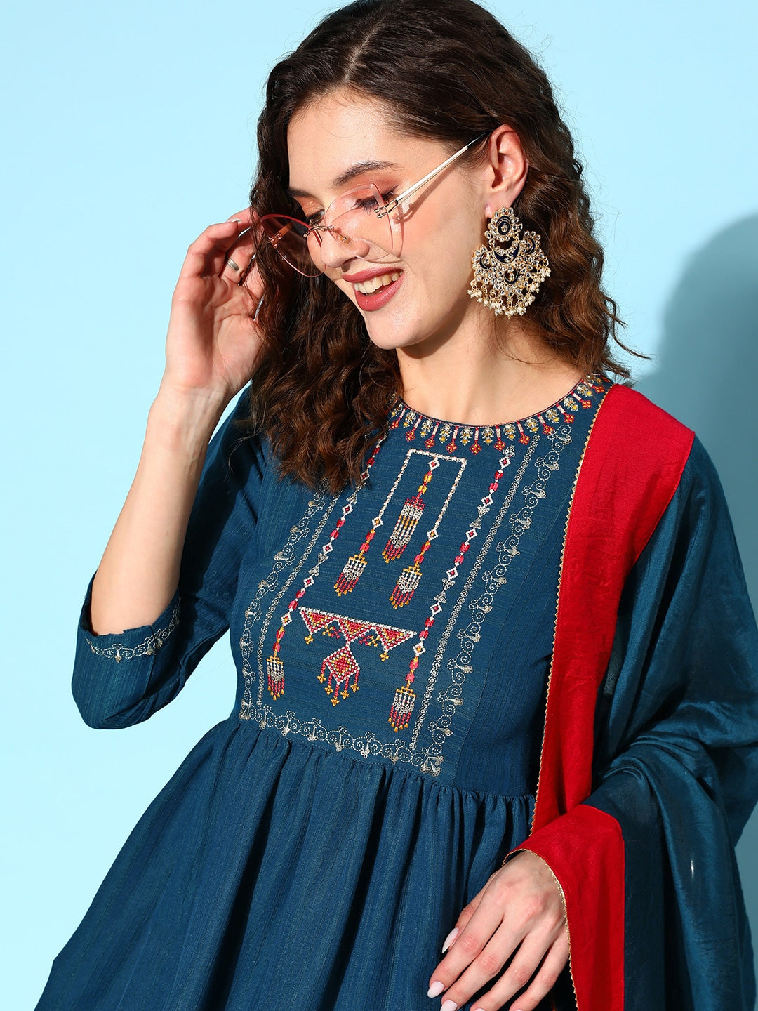 Sangria Ethnic Motifs Yoke Design Pleated Sequinned Kurta with Trousers & Dupatta | Grocsy