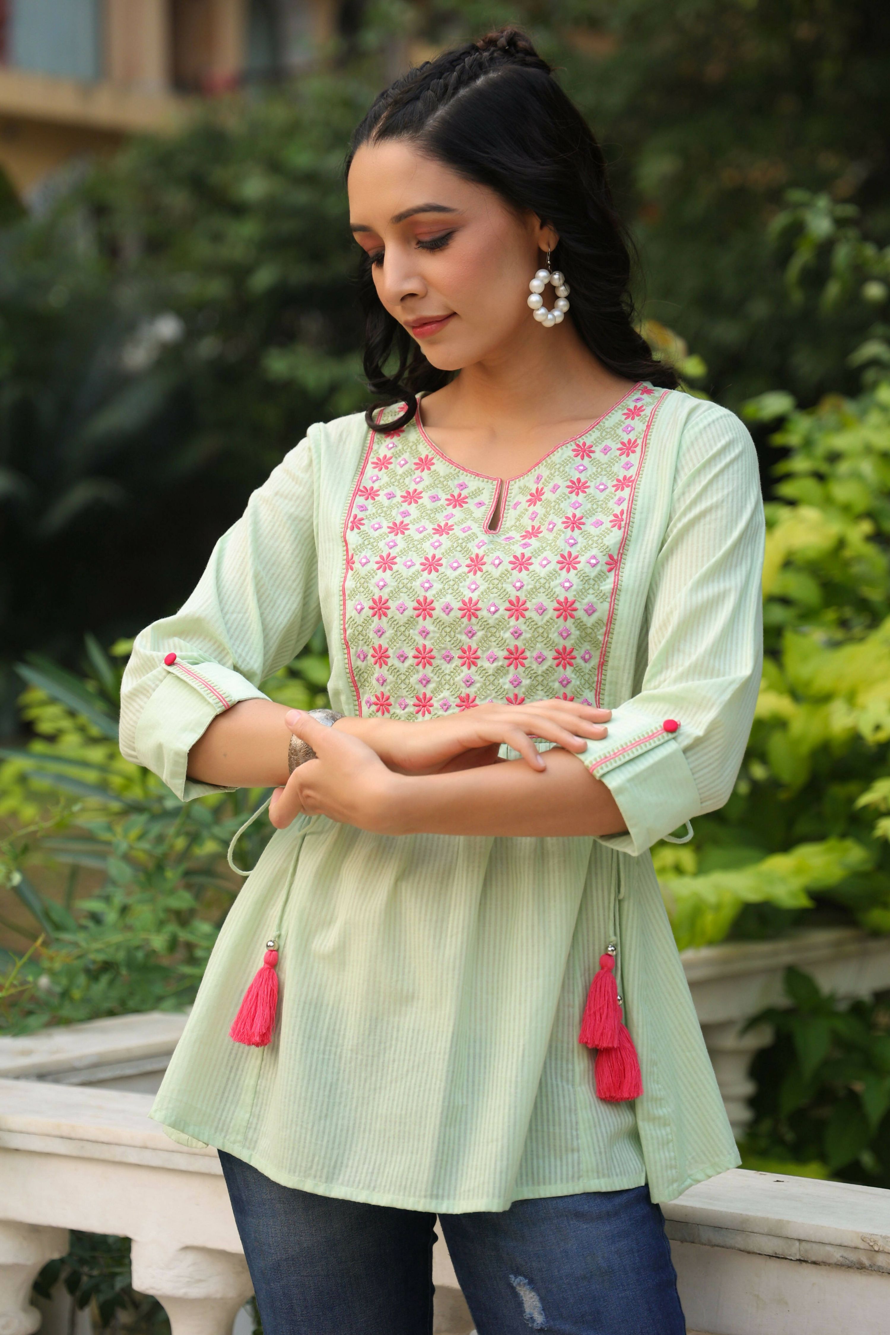Juniper Women's Green Cotton Dobby Solid Embroidered Straight Tunic | Grocsy