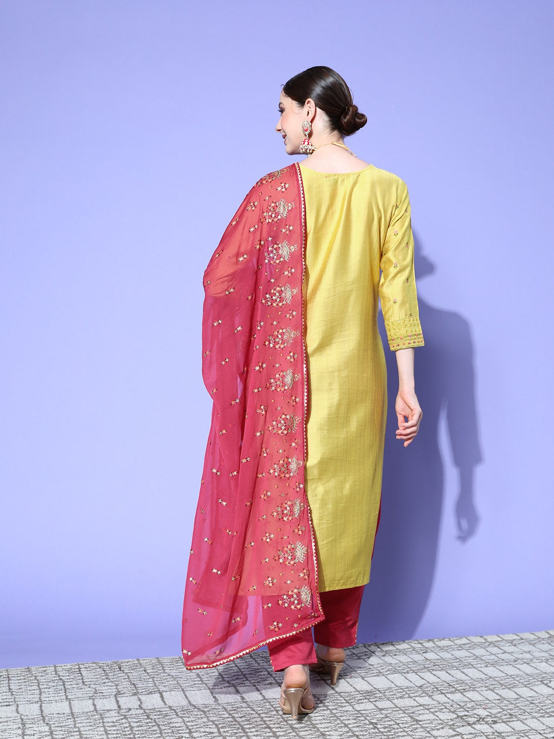 Sangria Ethnic Motifs Yoke Design Regular Sequinned Kurta with Trousers & Dupatta | Grocsy
