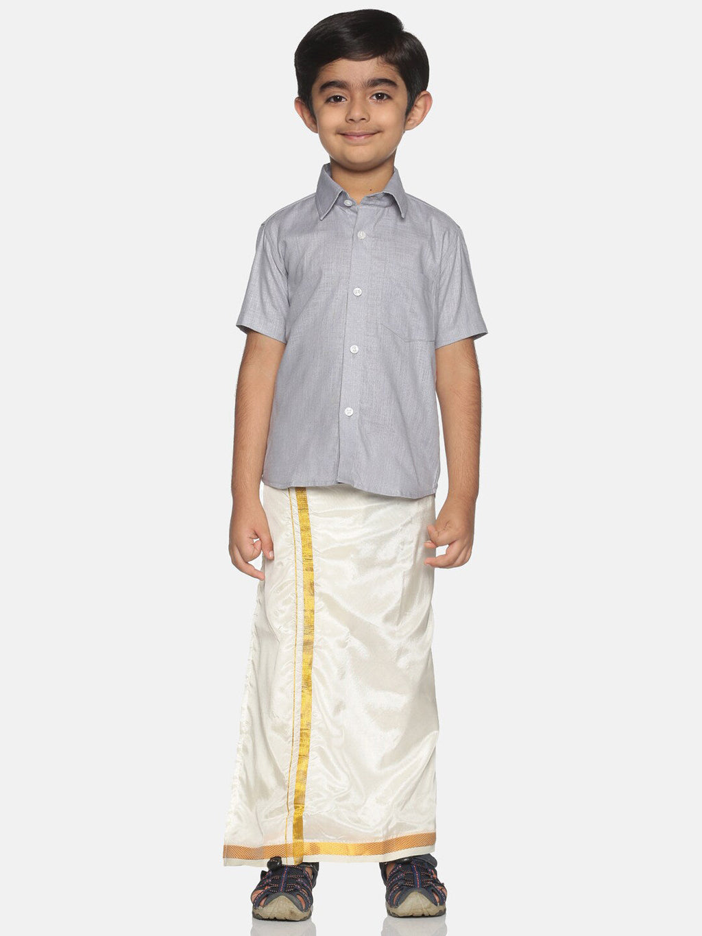 Sethukrishna Boys Grey & White Solid Shirt with Veshti Set | Grocsy