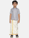 Sethukrishna Boys Grey & White Solid Shirt with Veshti Set | Grocsy