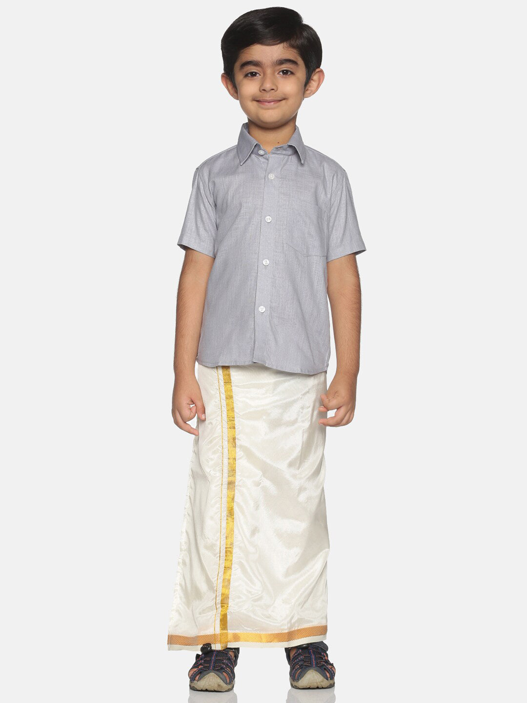 Sethukrishna Boys Grey & White Solid Shirt with Veshti Set | Grocsy