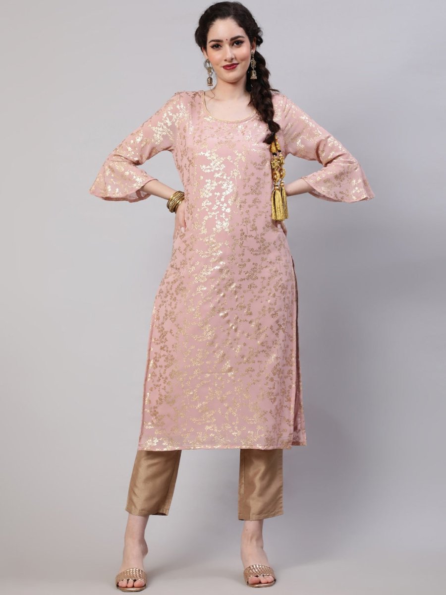 Aks Floral Printed Bell Sleeves Regular Kurta With Trousers | Grocsy