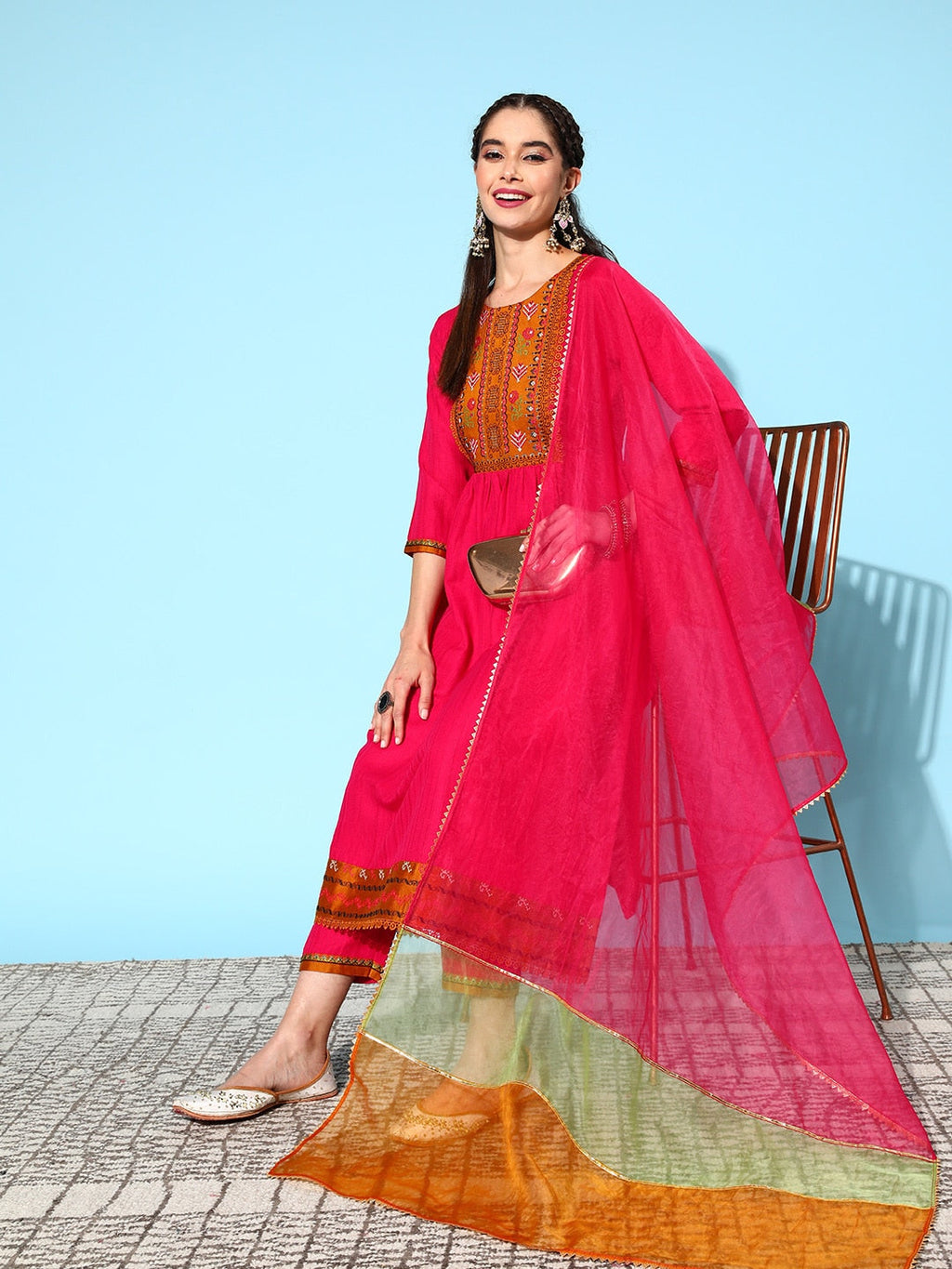 Sangria Ethnic Motifs Yoke Design Pleated Sequinned Kurta with Trousers & Dupatta | Grocsy