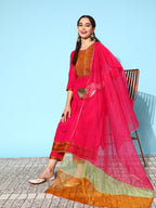 Sangria Ethnic Motifs Yoke Design Pleated Sequinned Kurta with Trousers & Dupatta | Grocsy