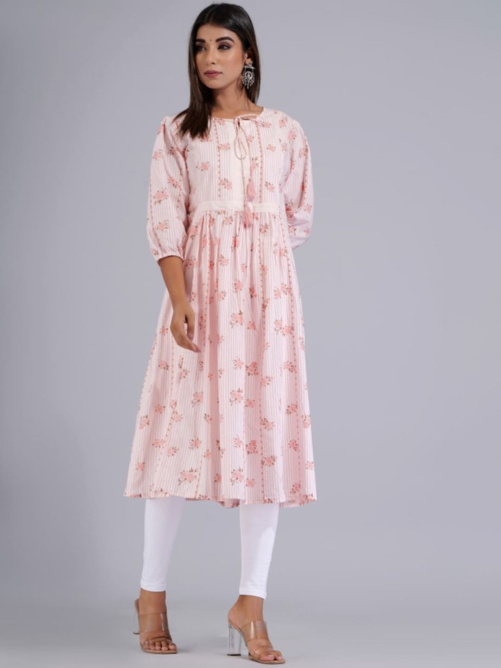 HERE&NOW Peach & White Floral Printed Tie-Up Neck Cotton A-Line Kurta | Grocsy