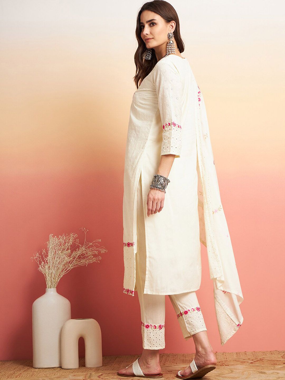 Sangria Pure Cotton Floral Embroidered Straight Kurta With Trousers & Dupatta | Grocsy