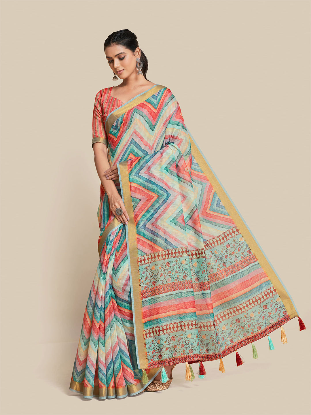 Sangria Teal & Pink Zari Saree | Grocsy