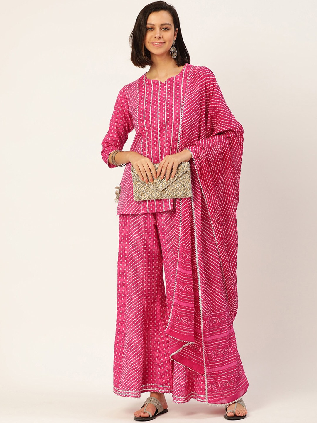HERE&NOW Women Pink Leheriya Printed Pure Cotton Kurti With Palazzo And Dupatta | Grocsy