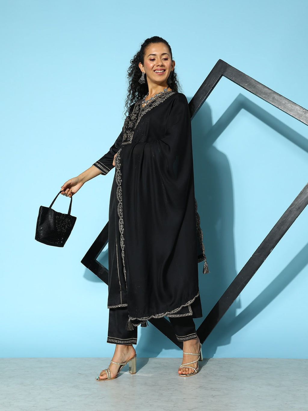 Sangria Floral Embroidered Angrakha Zari Kurta with Trousers & With Dupatta | Grocsy