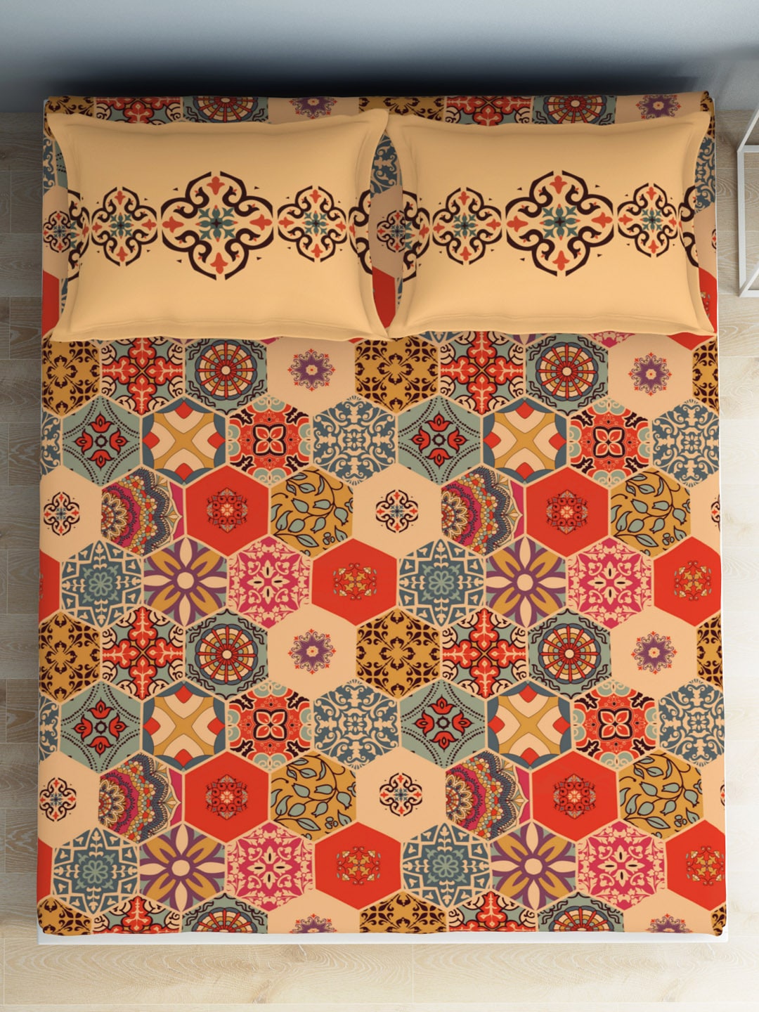 SPACES Aurum Orange Ethnic Motifs Pure Cotton 140 TC Queen Bedsheet with 2 Pillow Covers | Grocsy