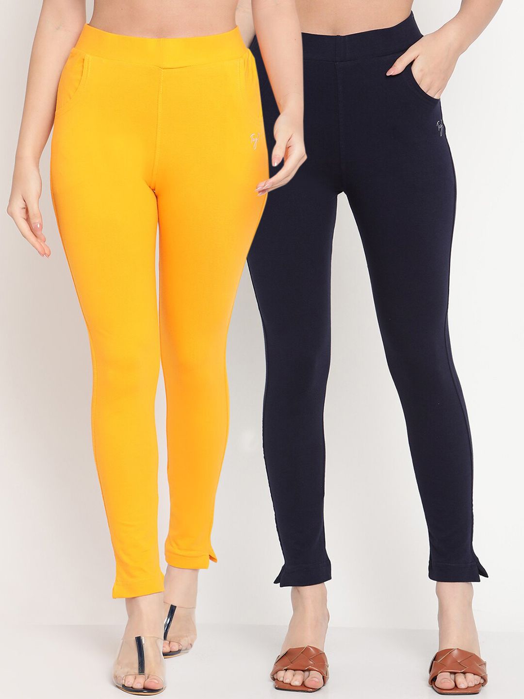 TAG 7 Set Of 2 Yellow & Navy Blue Solid Leggings | Grocsy