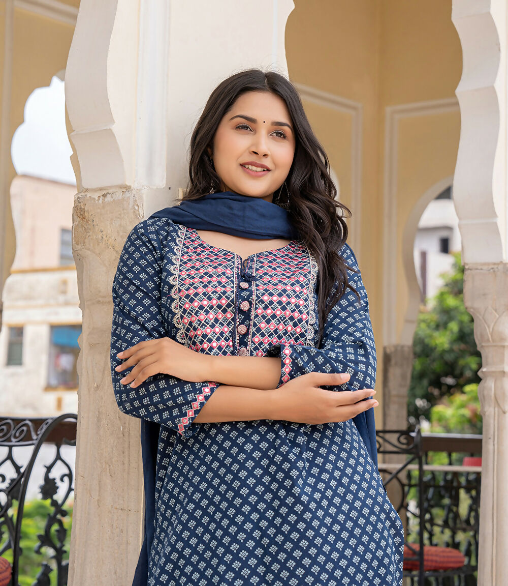 Kaajh Women's Blue Embroidered Cotton Suit Set | Grocsy