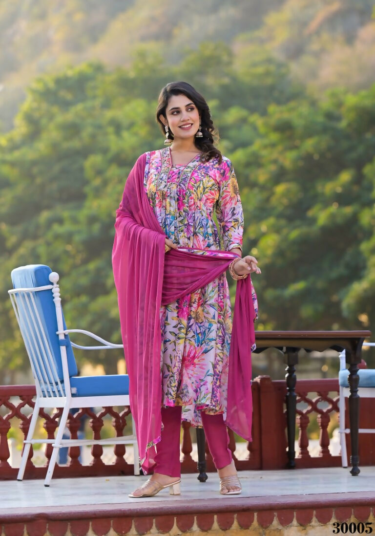 Designer Stylish Pink Slim Georgette Stitched Suit With Dupatta - Kiyara | Grocsy