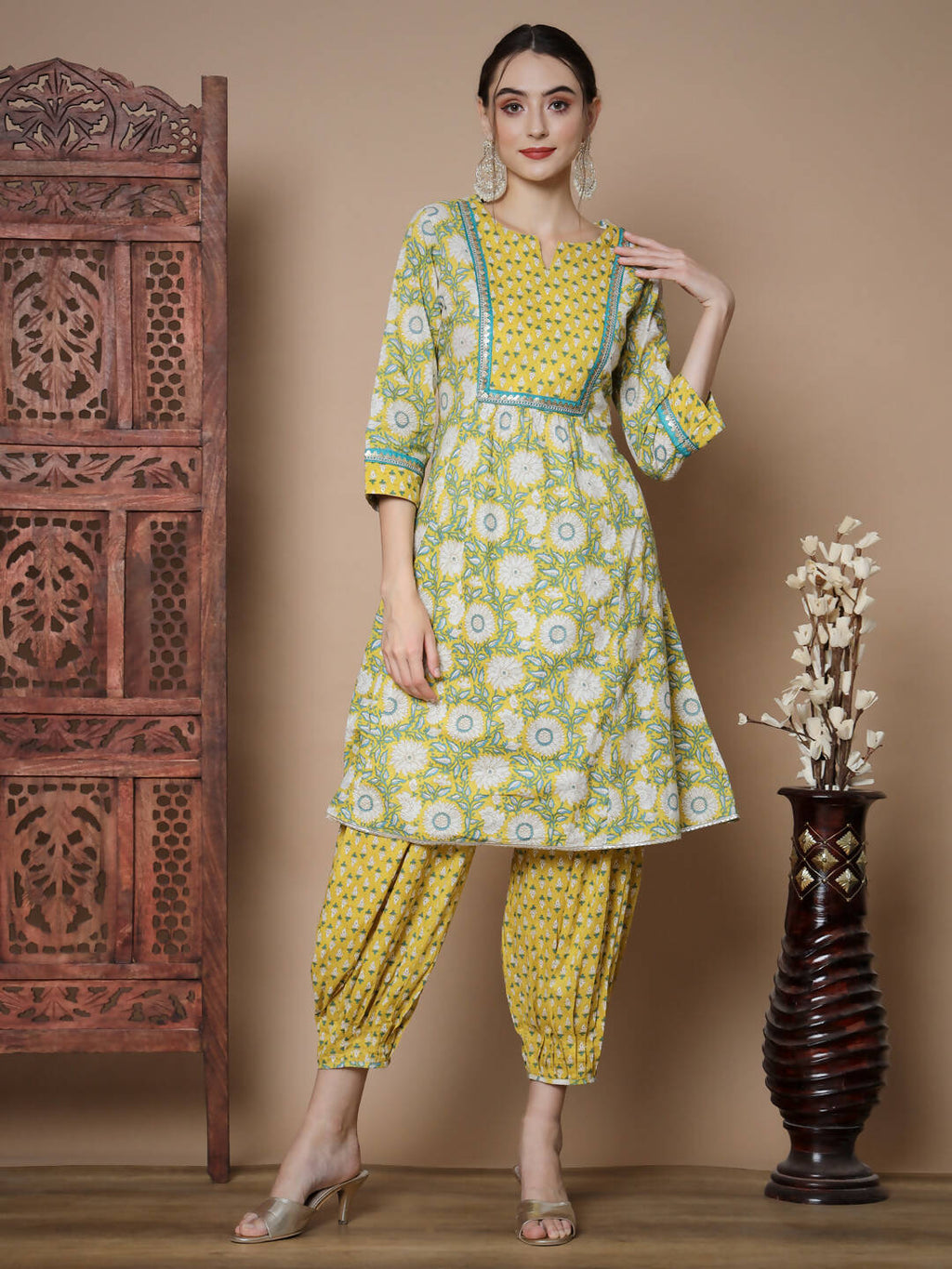 Myshka Women's Yellow A-Line Kurta & Salwar With Dupatta | Grocsy