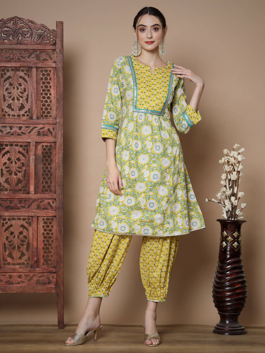 Myshka Women's Yellow A-Line Kurta & Salwar With Dupatta | Grocsy
