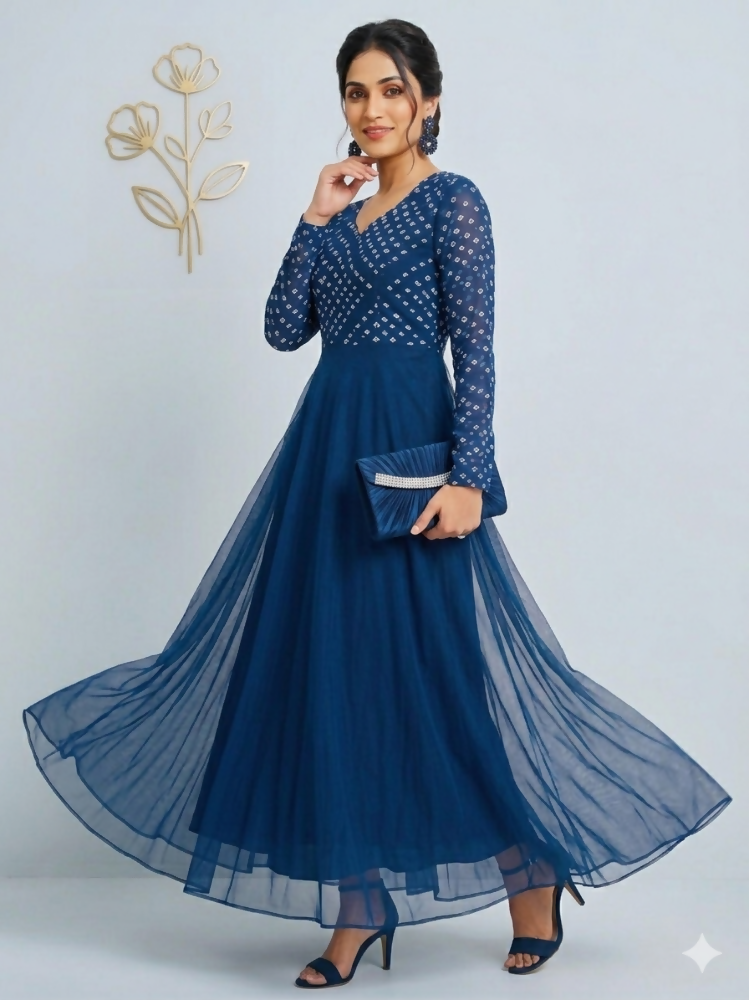 Teeya Creation Women's Teal Bandhani Print Anarkali Gown | Grocsy