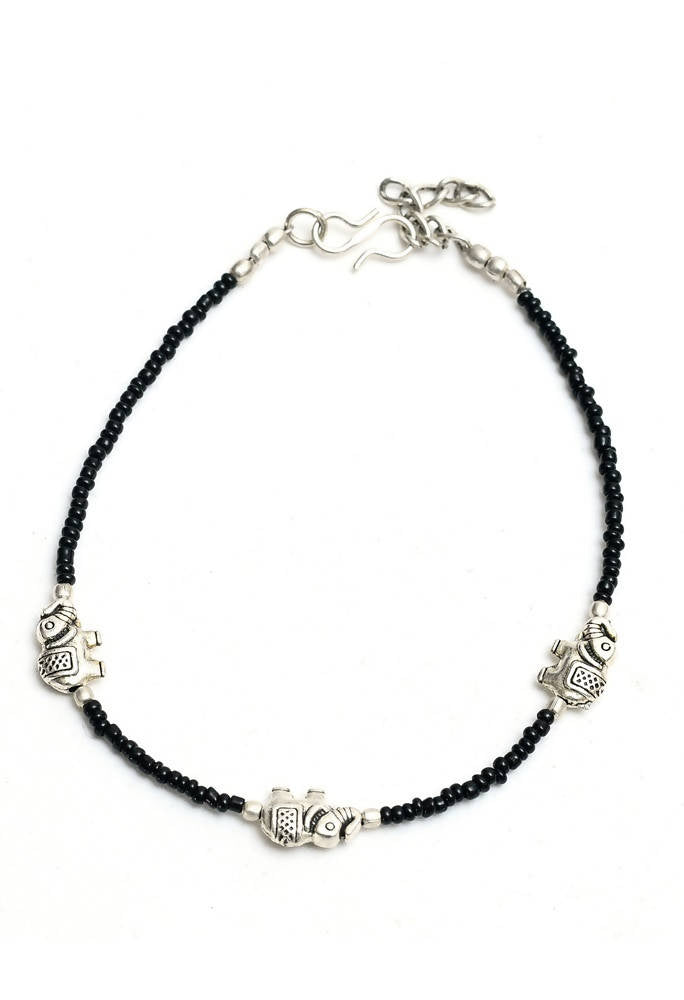 Mominos Fashion Kamal Johar Oxidised Elephant Design Silver/Black Anklets | Grocsy