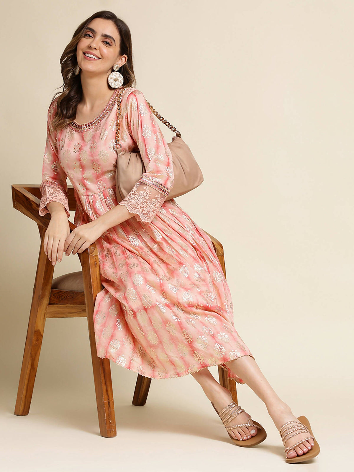 Peach Cotton Paisley Printed Fit & Flare Dress - Yukti | Grocsy