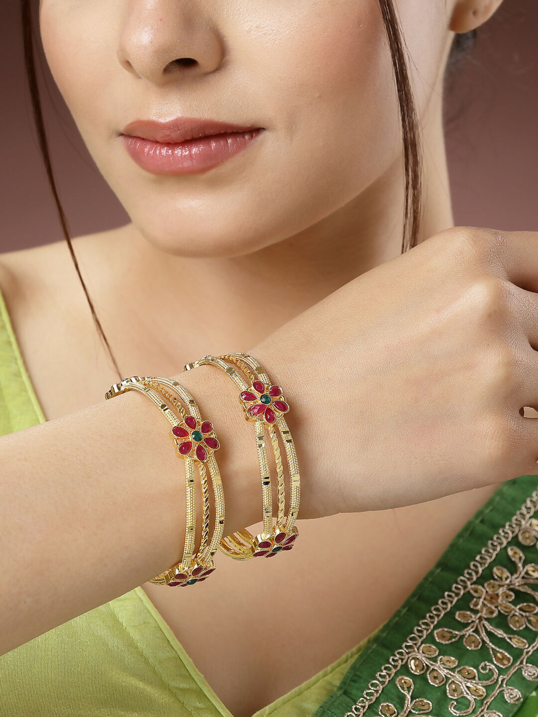 NVR Women's Set of 2 Gold-Polished Artificial Stones Handcrafted Traditional Bangles | Grocsy