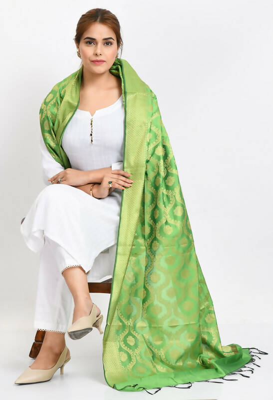 Mominos Fashion Moeza Women's Banarsi Silk All Over Woven Design Parrot Green Dupatta | Grocsy