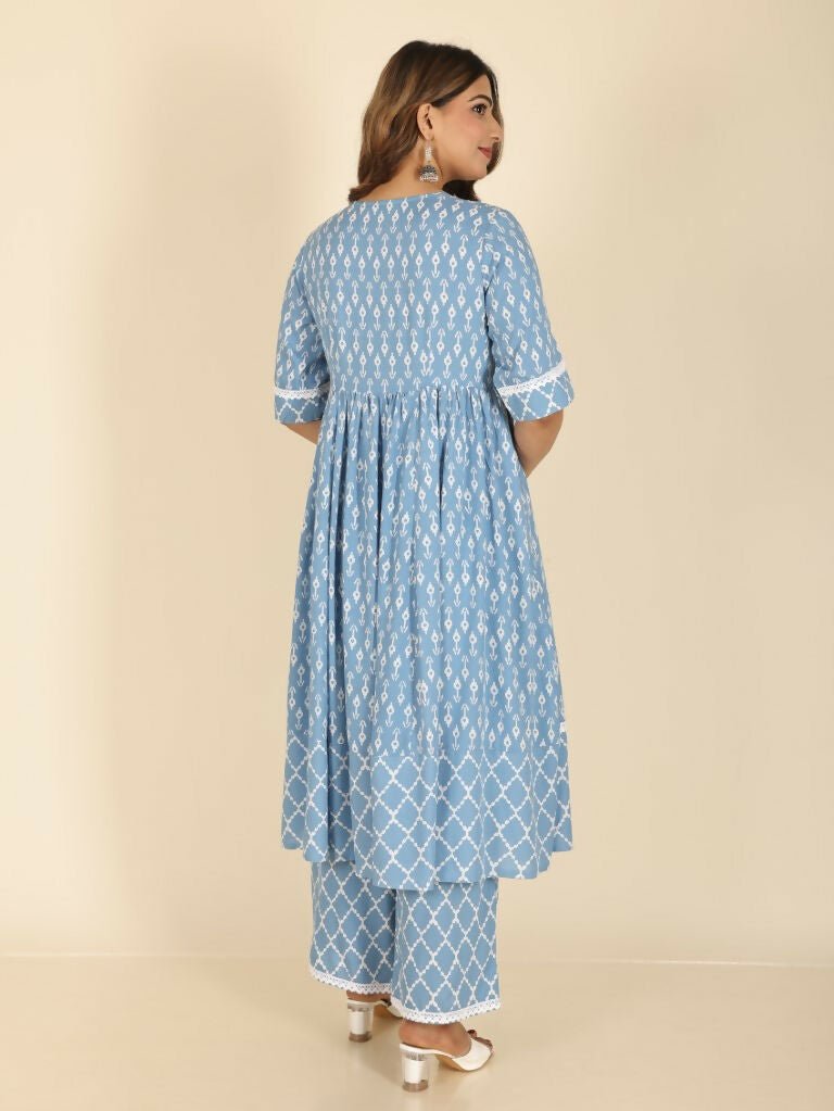Aramya Blue Rayon Ikat Print Anarkali Kurta Set for Women | Grocsy
