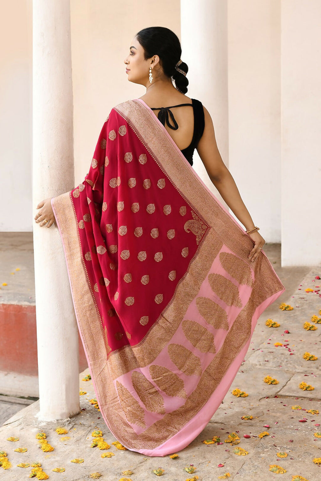 Joban Fashion Red Crepe Chiffon Pure Handloom Banarasi Silk Saree | Grocsy