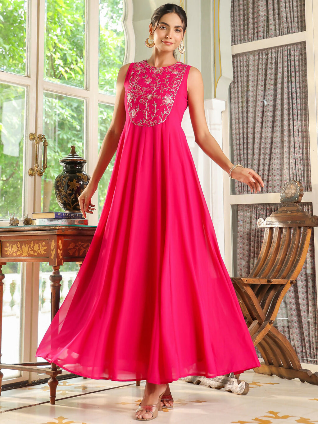 Janasya Pink Georgette Embroidered Dress & Cape | Grocsy
