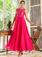 Janasya Pink Georgette Embroidered Dress & Cape | Grocsy