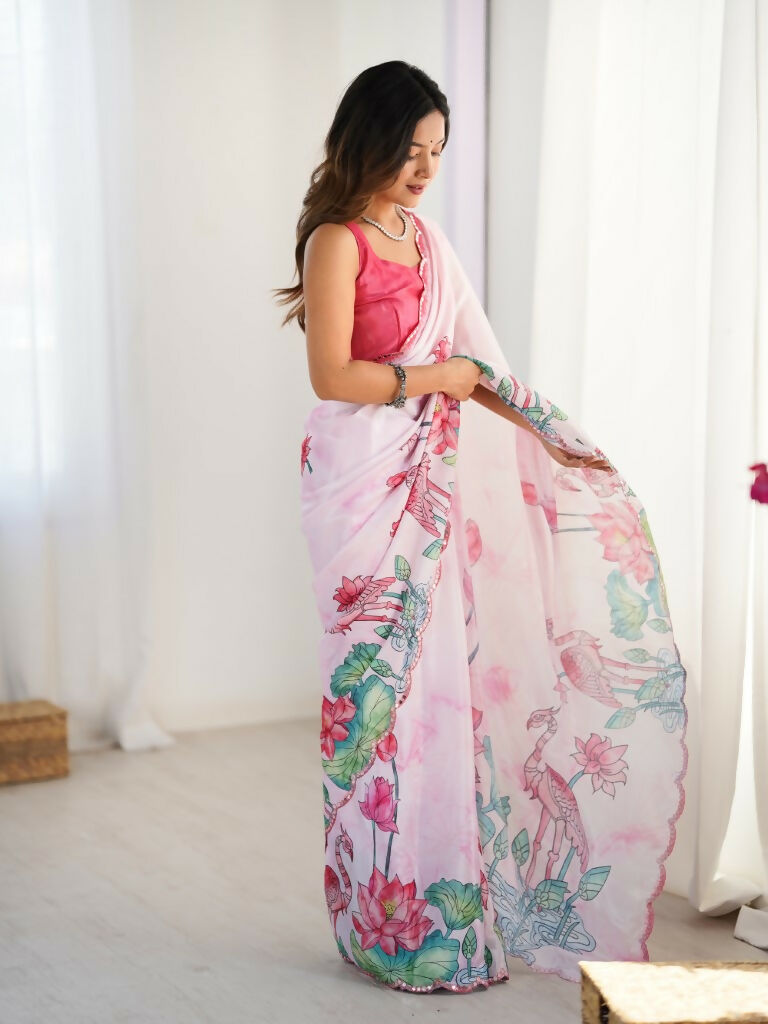 Off White Chinon Designer Digital Printed,Mirror Cut Work Saree - Manvika | Grocsy