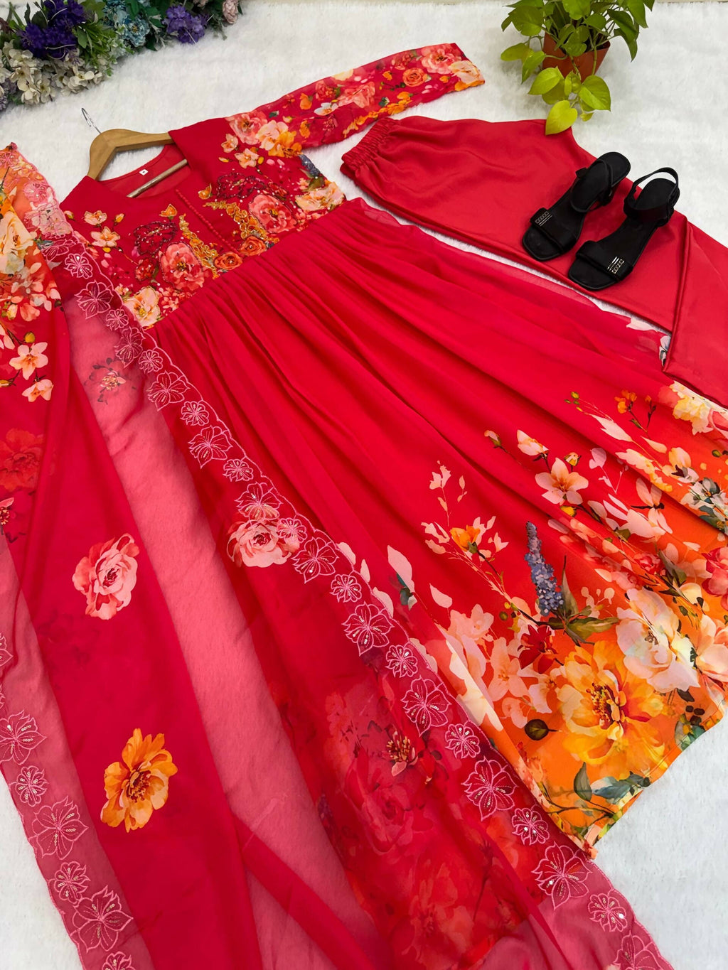 Teeya Creation Womens New Fancy Fox Georgette Heavy Quality Fabric With Handwork Orange Gown Set | Grocsy