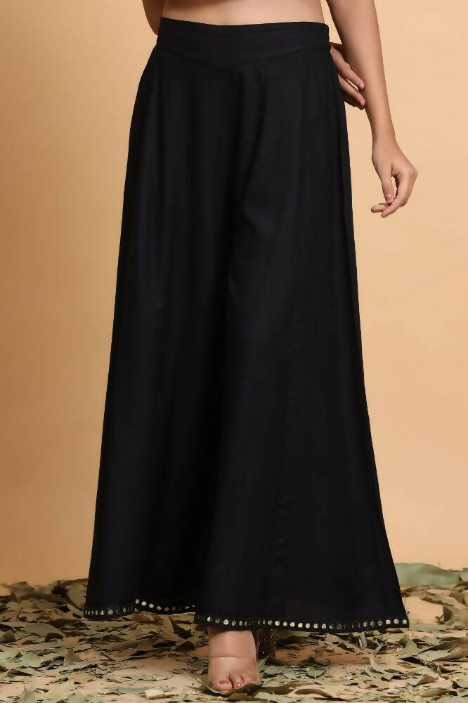 Juniper Women Black Rayon Solid Flared Palazzo | Grocsy