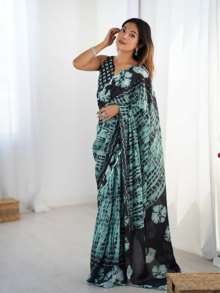 Black Chinon Designer Digital Printed,Mirror Cut Work Saree - Sohni | Grocsy