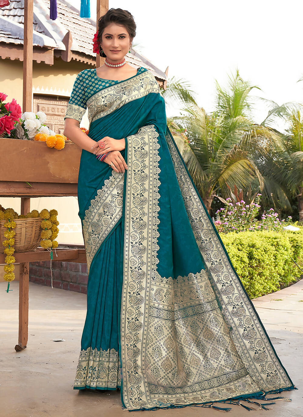 Blue Banarasi Silk Woven Design Saree with Unstitched Blouse Piece - Aachal | Grocsy