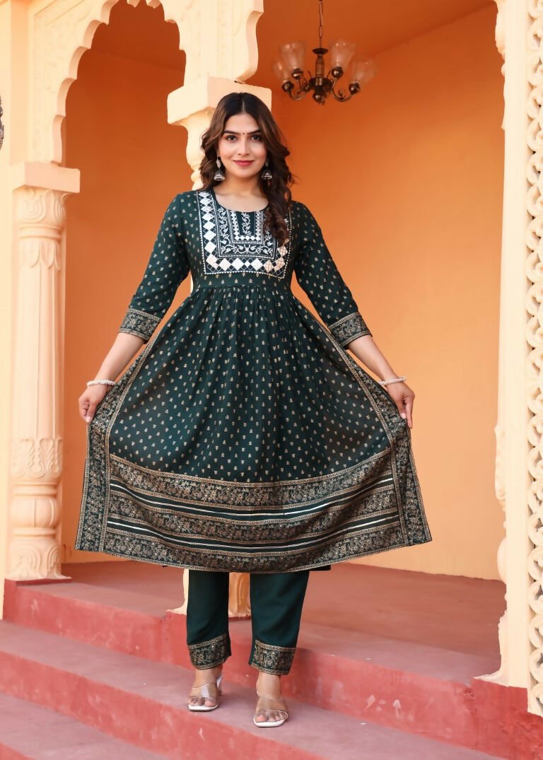 Alvano Women's Embroidery work Print Naira Cut Kurti with Pant and Dupatta set Rayon | Grocsy