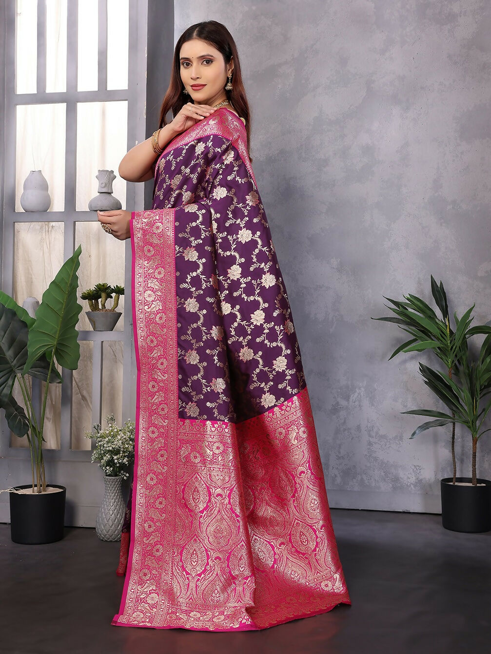 Joban Fashion Banarasi Wine Woven Soft Silk Saree | Grocsy