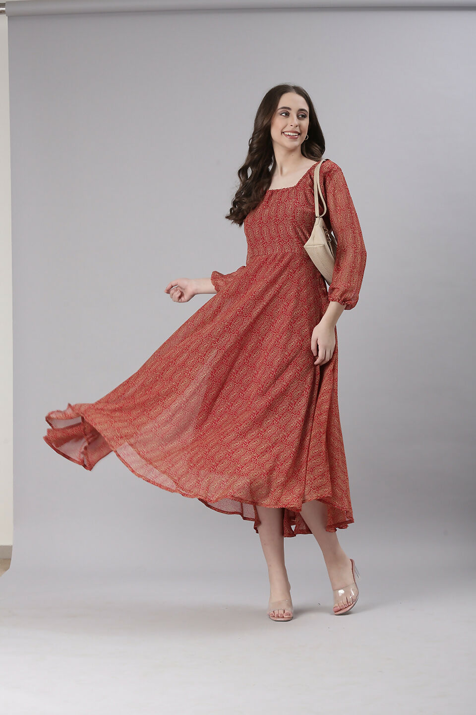Souchii Rust Orange Printed Fit & Flare Dress | Grocsy