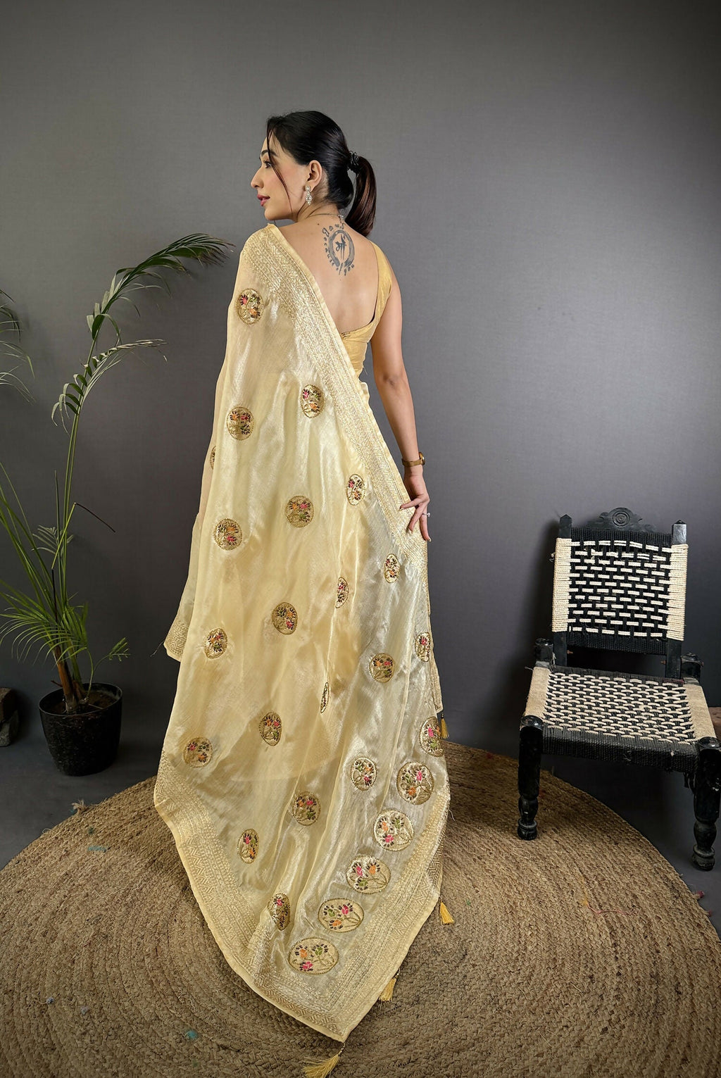 Joban Fashion Light Yellow Handloom Banarasi Organza Silk Khatali Butta Work Saree | Grocsy