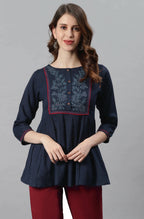 Janasya Women's Navy Blue Cotton Flex Embroidered Gathered Top | Grocsy