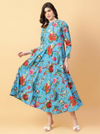 Joban Fashion Turquise Blue Cotton Printed & Hand Work Dress | Grocsy