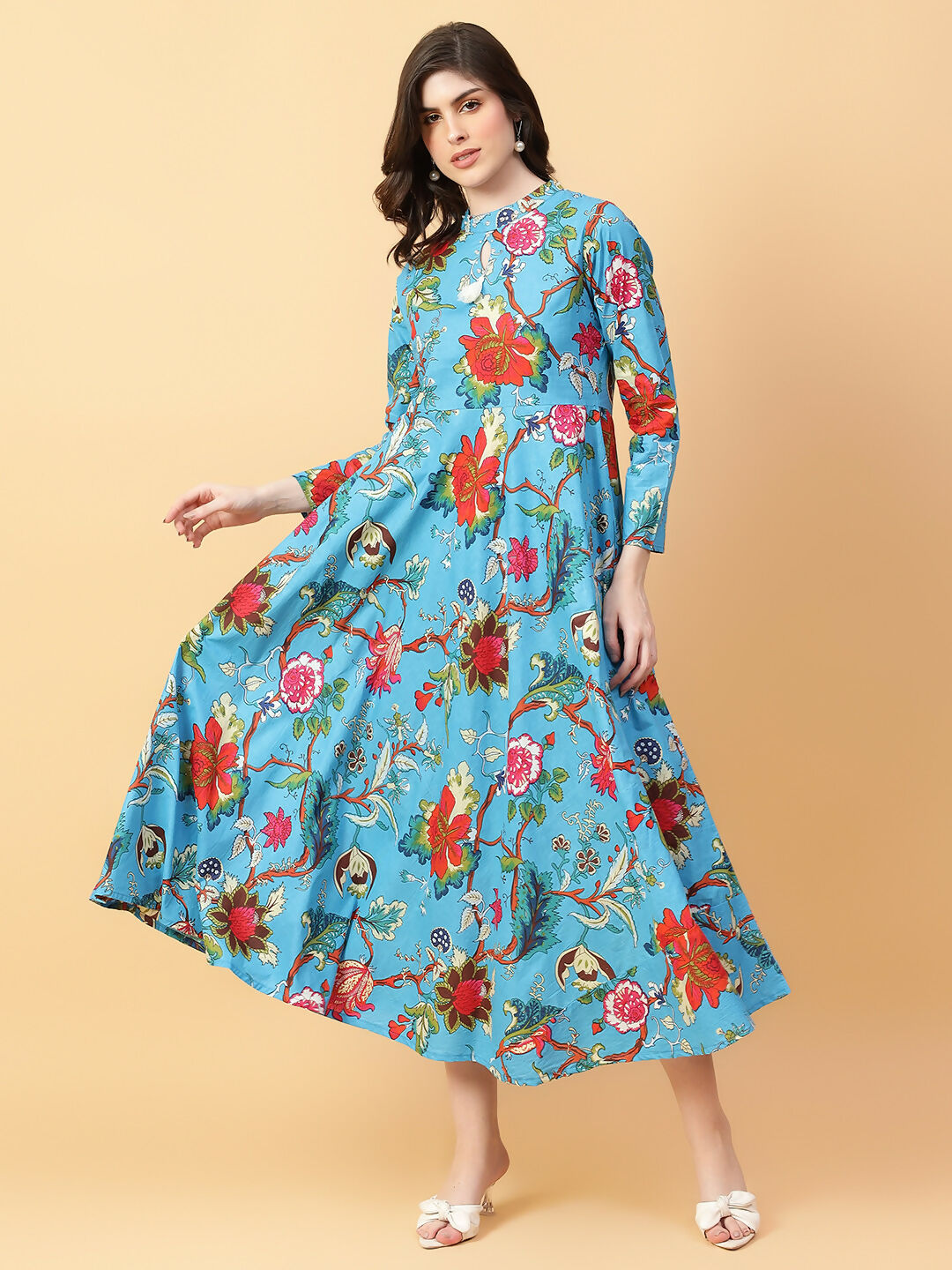 Joban Fashion Turquise Blue Cotton Printed & Hand Work Dress | Grocsy