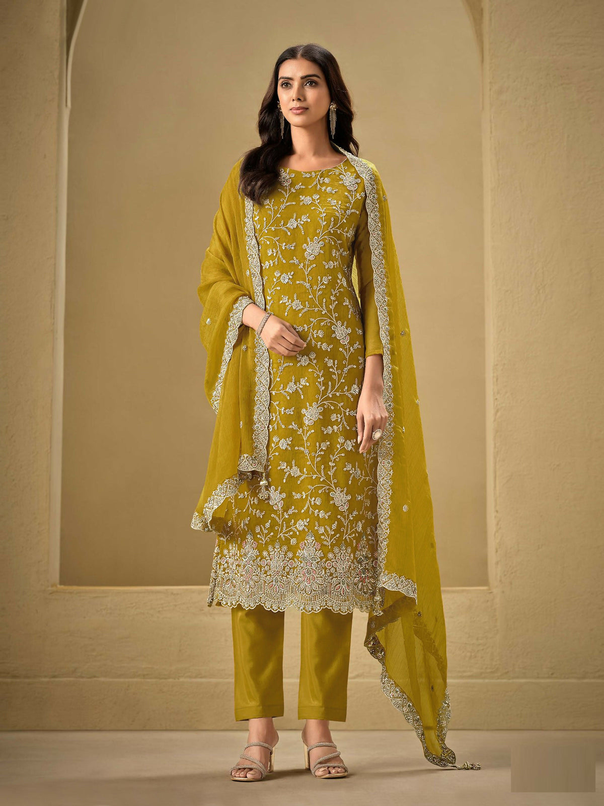 Anaita Mustard Embroidered Silk Stitched Salwar suit | Grocsy