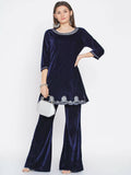Women Republic Navy Blue Velvet Embroidered Kurta With Bellbottom Pants | Grocsy