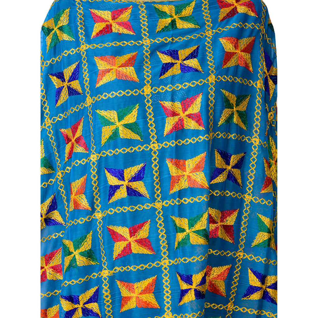 SWI Stylish Women's Embroidered Phulkari Chiffon Turquoise Dupatta | Grocsy