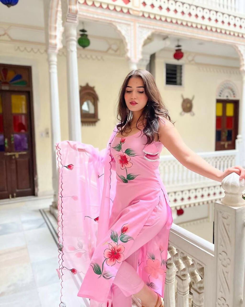The52 Pink Women's Gorgeous Printed Viscose Fabric Straight Kurta Pant with Dupatta Set | Grocsy