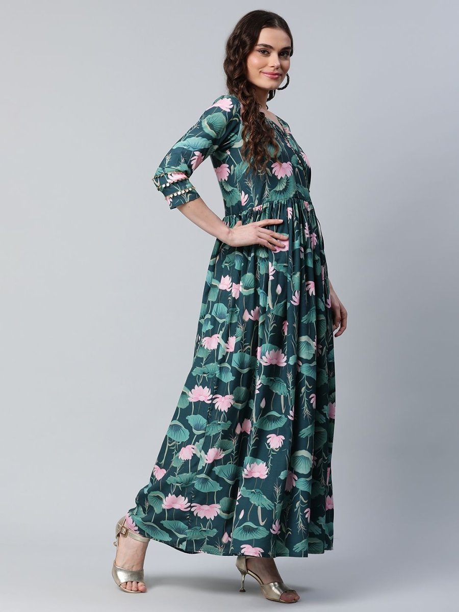 Ahalyaa Women Dark Green Crepe Digital Print Dress | Grocsy